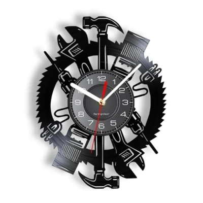 Image of EVANEM Vinyl Record Wall Clock 12 Inchs Joiner Tools Artwork Retro Home Decor Garage Sign Modern Design Silent Watch Mechanic Man Cave Art