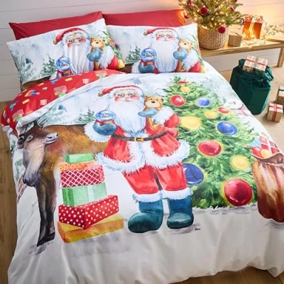 Image of Catherine Lansfield Christmas Retro Santa Reversible King Duvet Cover Set with Pillowcase White