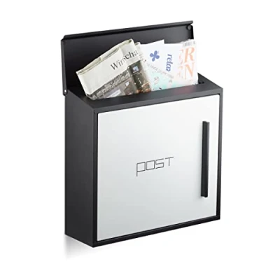 Image of Relaxdays Din A4 Slot Steel Modern Letterbox in 2 Colour Design, Metal, Black/White, 12.5 x 35 33 cm