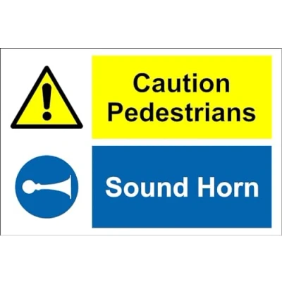 Image of Caution Pedestrians. Sound Horn Sign 1.2mm Rigid Plastic 300mm x 200mm Case (Pack of 10)