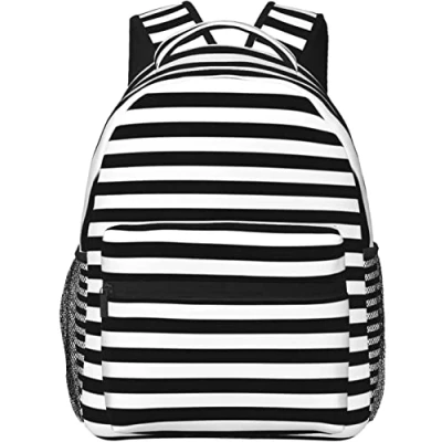 Image of Black And White Horizontal Stripes Backpack，School Bookbag Custom Travel Camping Backpack Lightweight Daypack Laptop Computer Shoulder Bag