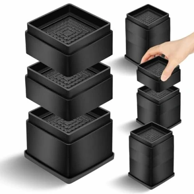 Image of MixDora Bed Risers 2, 3 or 4 Inch Square Stackable Furniture Anti Slip Adjustable Chair Raisers for Sofas Couches Table Set of Pack Black (4 Pack, Inch（2+1+1 Inch）)
