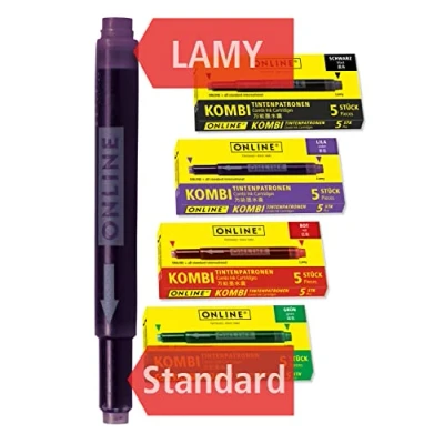 Image of ONLINE Colourful double sided ink cartridges, red green black purple, universal compatible with all common fountain pens, even Lamy pens Spare 4 pack