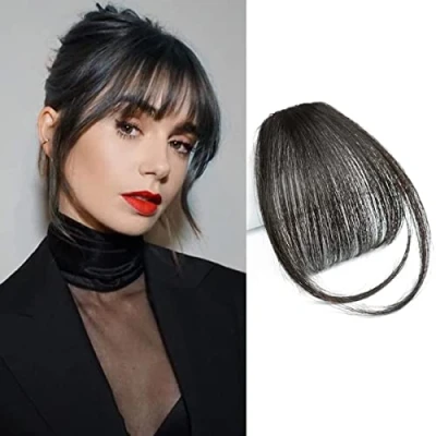 Image of Clip in Bangs Hair Extensions Front on Dark Red Brown Thin Hairpieces for Women (Human Natural Black)
