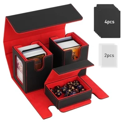 Image of TiMOVO MTG Commander Deck Box, Magnetic Leather Card Case Fits 200+ Double Sleeved Cards, Box with 2 Display &amp; 4 Dividers Dice Tray Fit YuGiOh TCG CCG Magic Black Red