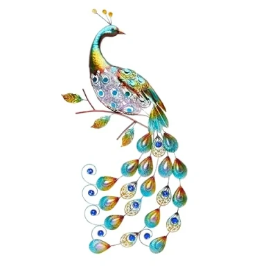 Image of Christmas Concepts® 81cm (32&#039;&#039;) Colourful Metal Peacock With Jewel Tail Wall Art Sculpture Indoor/Outdoor Garden Decoration