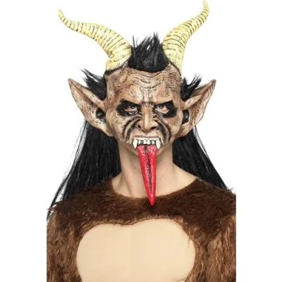 Image of Smiffys Beast / Krampus Demon Mask, Brown Latex, Overhead, with Hair &amp; Horns, Halloween Fancy Dress Accessory, Up Masks