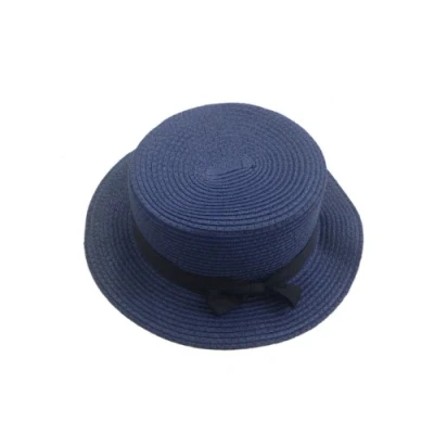 Image of ACVIP Women&#039;s Solid Color Straw Boater Hat with Bow Band (Navy Blue)