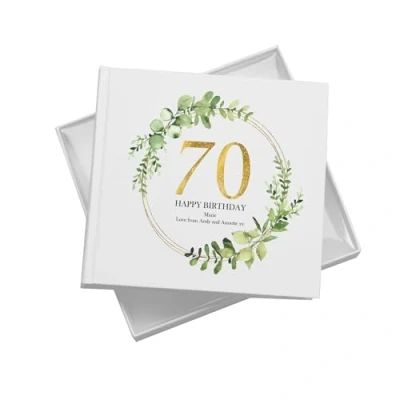 Image of Personalised 70th Birthday Gift for her Photo Album Gold Wreath Design