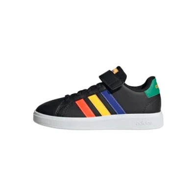 Image of adidas Grand Elastic Lace and Top Strap Shoes Tennis, Core Black/Lucid Blue/Court Green, 4 UK