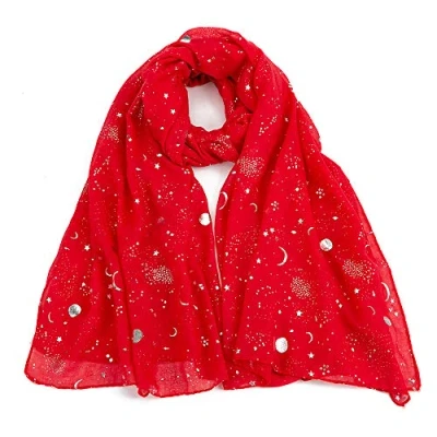 Image of London Scarfs Silver Gold Glitters Shimmer Foil Stars Women Scarf Shawl Wrap (Red)