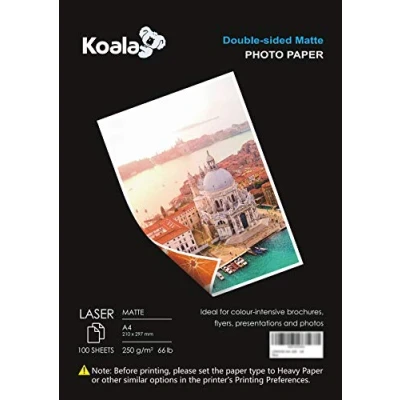 Image of KOALA Double Sided Matte Laser Photo Paper A4, 250gsm, 100 Sheets. Suitable for Printer, Printing Photos, Brochures, Covers, Certificates, Booklets, Flyers, Leaflets, Cards, Calendars