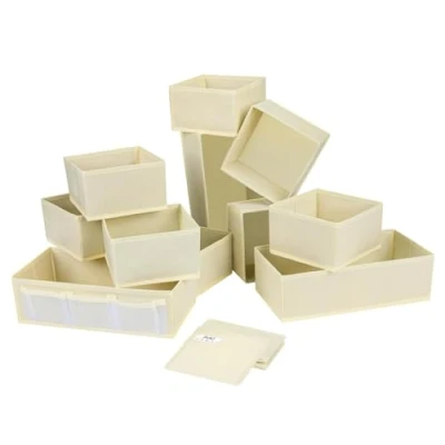 Image of DIMJ 12 PCS Dresser Drawer Organiser Fabric Storage Box Foldable Wardrobe Dividers Cubes for Socks, Underwear, Ties, Scarves, Cosmetics (Beige)