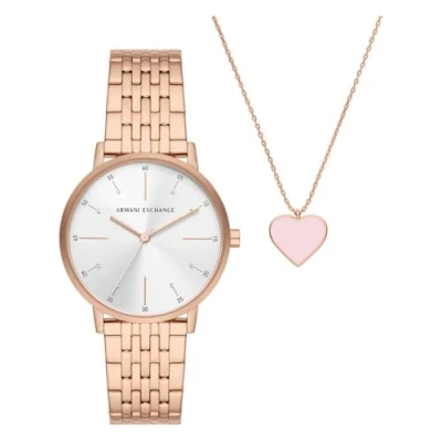 Image of Armani Exchange Watch for Women, Quartz Three Hand Movement, 36 mm Rose Gold Stainless Steel Case with a Strap, AX7145SET