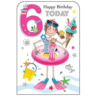 Image of Jonny Javelin Girl Age 6 Birthday Card Flamingo Swimming Ring Ice Cream