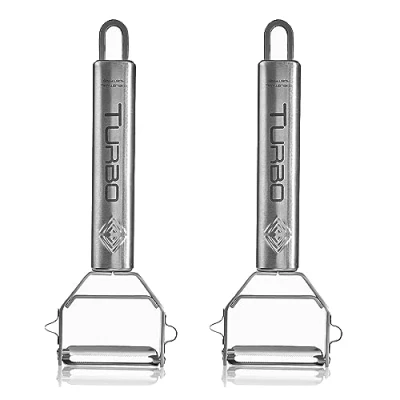 Image of TURBO PRODUKTE Set of 2 Stainless Steel Peelers for Fruit and Vegetables Forwards Backwards with Pendulum Blade Left Right Handed Users 3 in 1 Function