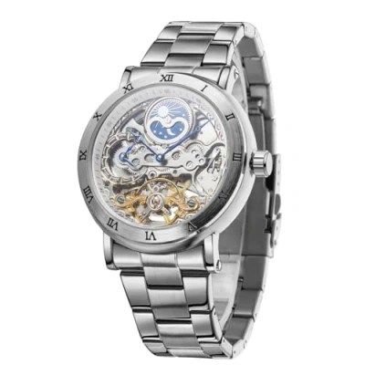 Image of FORSINING Men&#039;s Self Winding Automatic Tourbillion Original Calendar Stainless Steel Wrist Watch, Blue and Silver,
