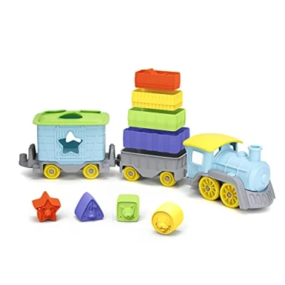 Image of Green Toys Stack &amp; Sort Train, Stacking Toys, Shape Sorter, Eco Toy, Toddler Kids&#039; Play Vehicles, Train Toy Sorting