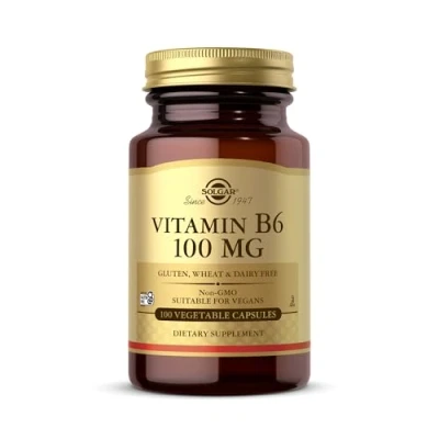 Image of Solgar Vitamin B6 100 mg Vegetable Capsules Pack of Supports Energy, Reduces Fatigue Red Blood Cell Formation Immunity Vegan
