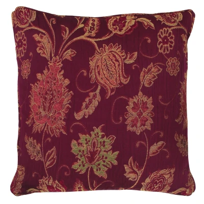 Image of Riva Paoletti Zurich Cushion Cover Burgundy Red Decorative Floral Jacquard Design Piped Edges Reversible 100% Polyester 45 x 45cm (18&quot; 18&quot; inches) Designed in the UK