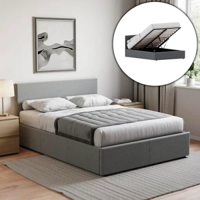 Image of Vida Designs Veronica King Size Ottoman Bed, 5 ft Bed Frame Storage Lift Upholstered Fabric Headboard Bedroom Furniture, Light Grey Linen