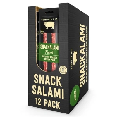 Image of SERIOUS PIG Salami Pub Snacks, Keto Snack, High Protein, Meaty, Made with Outdoor Reared British Pork, Savoury Sticks (Snackalami) (Wild Fennel) (12 Pack)