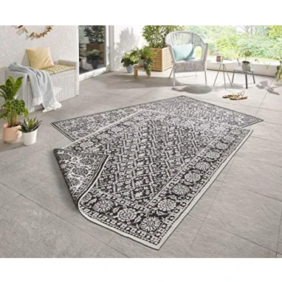 Image of NORTHRUGS Outdoor Rug Curacao Reversible Weatherproof Modern Graphic Pattern Runner for Balcony Patio Garden Conservatory Living Room Waterproof, Polypropylene, Black Cream, 160 x 230 cm