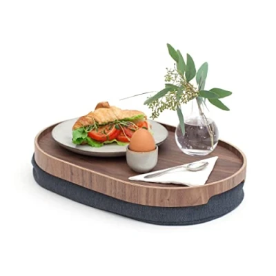 Image of Bosign CurveLine Laptray with bean bag cushion. Non slip. Portable tray for Breakfast, Lunch, Dinner. Washable, removable cushion cover. Natural walnut wood. Grey MEDIUM (39x26x6,5 cm)