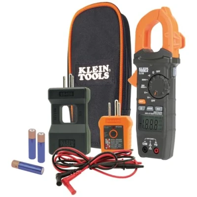 Image of Klein Tools CL120KIT Clamp Meter Electrical Test Kit, AC Auto Ranging 400 Amp, Backlit Display, Includes GFCI Tester Line Splitter Pouch Leads 3 x AAA