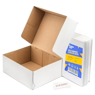 Image of Packaging Hero 25 x 20 10 cm (aprox. 10&quot; 8&quot; 4&quot;) White Corrugated Cardboard Mailing boxes, gift e commerce box with free clear round stickers (10 pack)