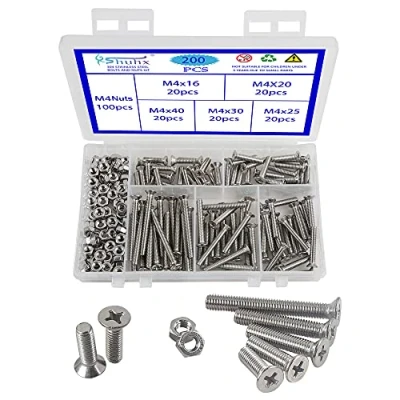 Image of Rshuhx 200PCS M4 Cross Countersunk 304 Stainless Steel Machine Screws Bolts and Nuts Flat Head Phillips Screw Fastener Repair Tools Assortment Kit for Baby Crib Headboards Chairs Furniture