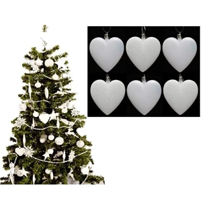 Image of 6pc Large Glitter &amp; Matte Heart Baubles Great Christmas Tree Decorations, (White)