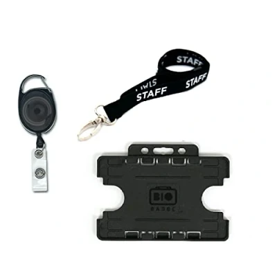 Image of Staff Lanyard Neck Strap with Safety Breakaway 15mm, Double Badge Pass ID Card Holder Credit Size and Retractable Keyring Premier YoYo Reel (Black Metal (Double))