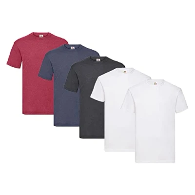Image of Fruit of the Loom Pack 5 T Shirts, 2 x White + 1 Dark Heather Vintage Red Navy HL Kauf Notepad, Size S