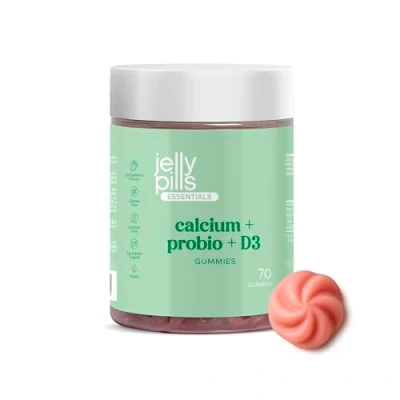 Image of Jelly Pills® Gummies 240 mg Calcium &amp; Probiotics with VIT D3 and K2 70 Strawberry Flavoured Vegan for Your Bones, Muscles Teeth 1 Billion CFU No Added sugars