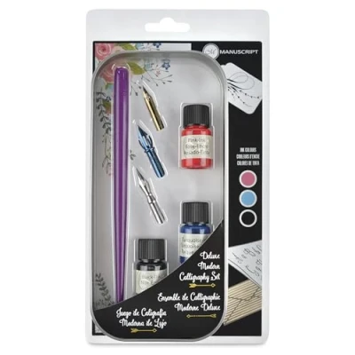 Image of Manuscript Pen Company Modern Calligraphy 3 Ink Set 7 Piece Ideal for Beginners, Includes Holder, Nibs, Coloured Inks Presented in a Handy Storage Tin.