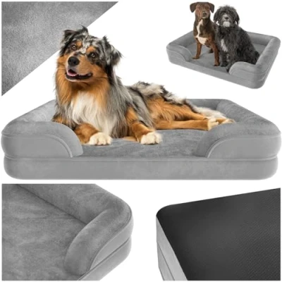 Image of TecTake® Orthopaedic Dog Bed with Extra Thick Foam Padding, Comfortable Raised Edge, Waterproof Layer, Removable &amp; Washable Plush Cover Non Slip Base 112x85x18cm Ergonomic Cat Grey