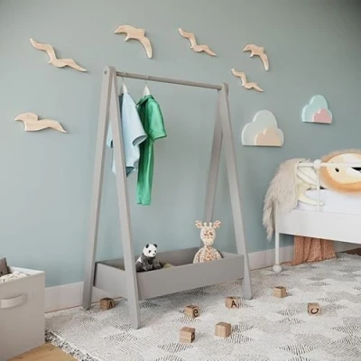 Image of URBNLIVING Kids Wooden Hanging Dress Up Clothes Rail Rack Display Stand Extra Storage Shelf (Grey)