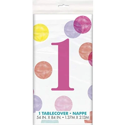 Image of Pink Dots 1st Birthday Table Cover (137cm x 213cm) Charming Rectangular Plastic Tablecloth Perfect for Your Little&#039;s Celebrations 1 Pc, 54&quot; 84&quot;