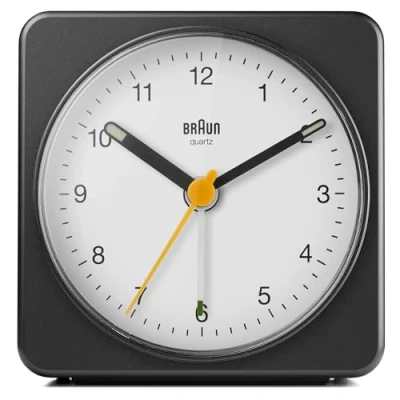 Image of Braun Classic Analogue Alarm Clock with Snooze and Light, Quiet Quartz Sweeping Movement, Crescendo Beep in Black White, Model BC03BW.
