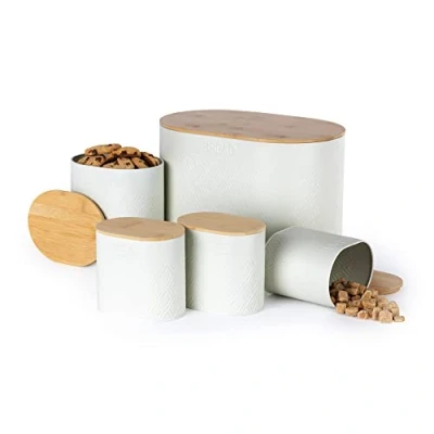 Image of LIVIVO 5pc Oval Kitchen Storage Set With Airtight Bamboo Lids Includes Tea Coffee Sugar Matching Biscuit Barrel Canister Jar &amp; Stylish Bread Bin Diamond Embossed Matt Finish (White)