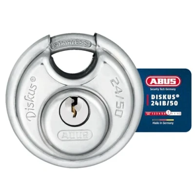 Image of ABUS Diskus padlock 24IB/50 made of stainless steel with 360 all round protection for against severe weather conditions 20318 security level 7 silver/blue