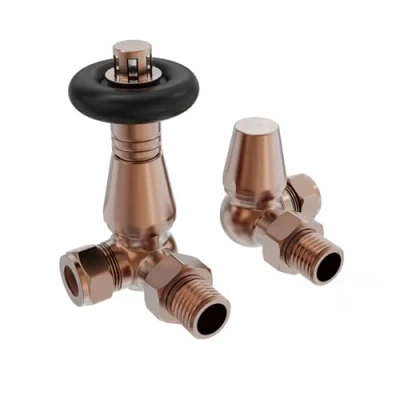 Image of NRG Traditional Corner Central Heating Radiator Valve 15mm Thermostatic Lockshield Valves Brushed Copper