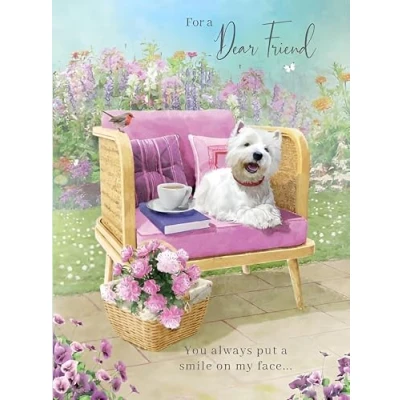 Image of Noel Tatt Dear Friend Female Birthday Card Westie and Floral Garden Bench with Foil Details Eco Friendly Recyclable