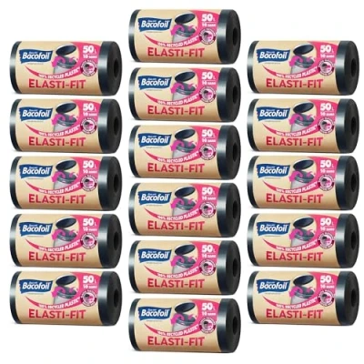 Image of Bacofoil Elasti Fit Bin Liners with Drawstring Handles 50L Leak Proof Bag Elastic Fastening for a Secure (16 Rolls, 160 Bags)…