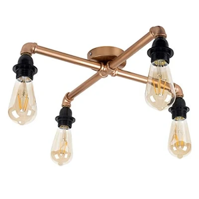 Image of MiniSun Industrial Steampunk 4 Way Copper Metal Pipework Ceiling Light Complete with 4w LED Filament Bulbs [2700K Warm White]