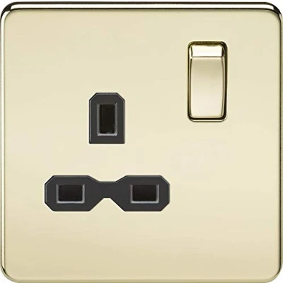 Image of KnightsBridge 1G DP 13A 230V Screwless Polished Brass UK 3 Pin Switched Electrical Wall Socket Black Insert