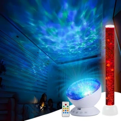 Image of Playlearn Sensory 105cm Bubble Tube and Ocean Wave Projector Combo Pack LED Color Changing Fish Lamp,Tower Lamp,Ultimate Experience,ADHD Autism