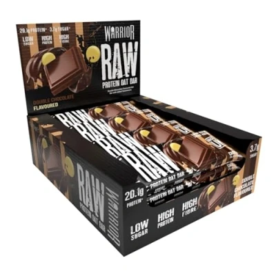 Image of Warrior Raw Protein Flapjacks 12 Bars x 75g Each Packed with 20g of Low Sugar, High in Fibre (Double Chocolate)