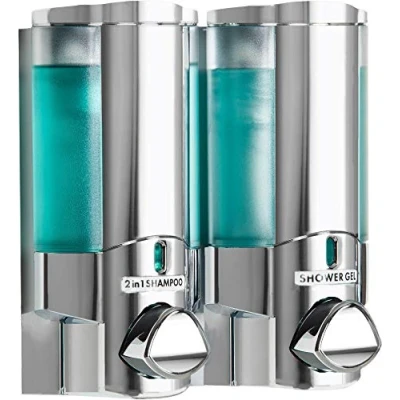 Image of Aviva Chrome Finish Double Soap Shampoo Gel Dispenser (2 X 325ml) Secure Adhesive Fixing Screws not required